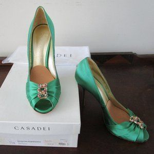 Designer Casadei green silk stilettos